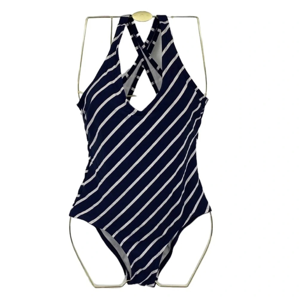 3/$20 Kona Sol One Piece Swimsuit Womens Sz Medium Blue White Striped Crisscross